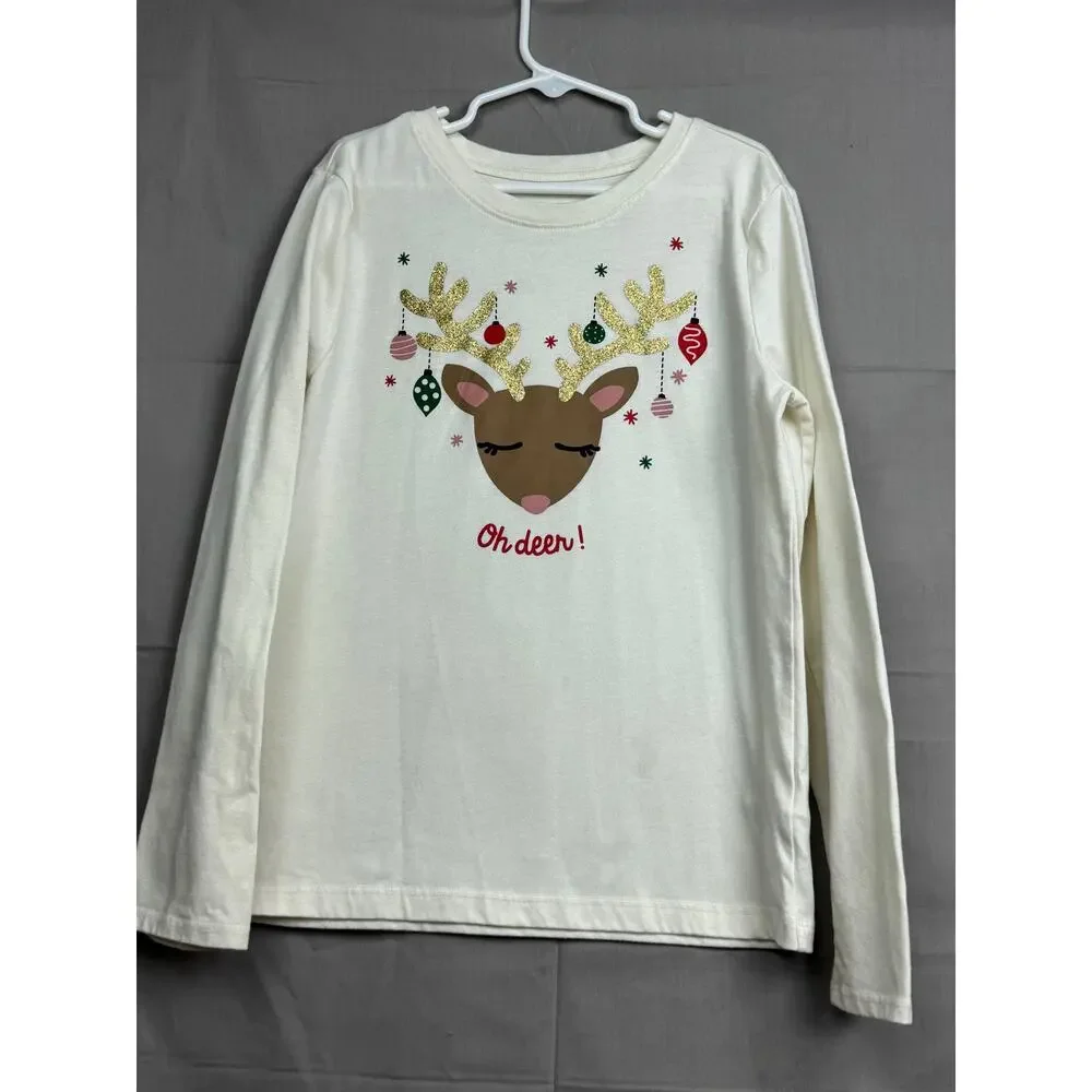 Holiday Time Girls Cream Oh Deer Long Sleeve Shirt, Size L (10/12)